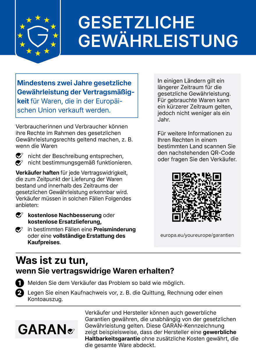 EU-Informationsgrafik zur gesetzlichen Gewährleistung: Für in der Europäischen Union verkaufte Waren gilt grundsätzlich eine gesetzliche Gewährleistung von mindestens zwei Jahren.